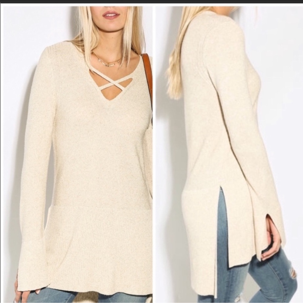 FREE PEOPLE cream criss cross sweater tunic top